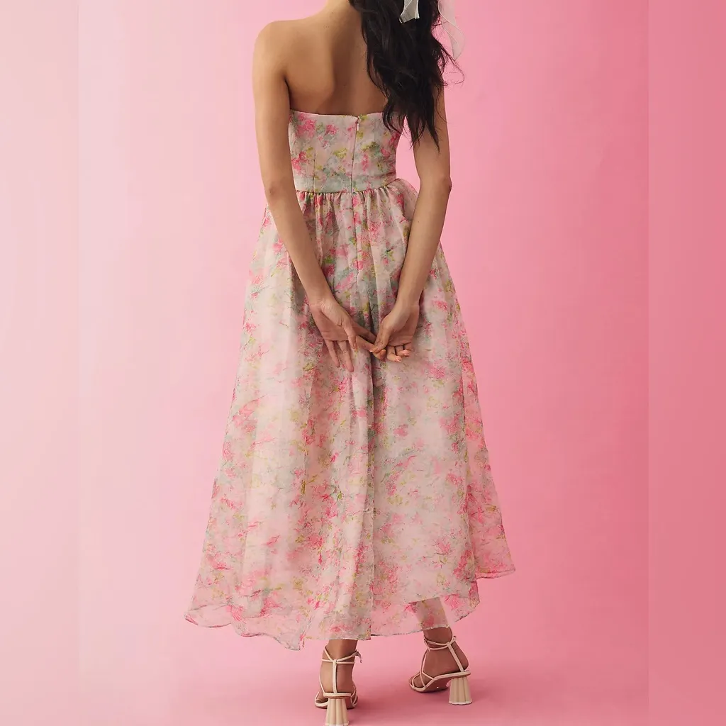 ML Monique Lhuillier Anthropologie Strapless Sweetheart Organza Dress Floral - Image 3