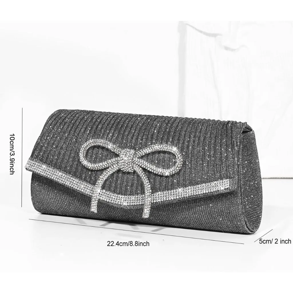 ⚡ Women's Gray Bow Sparkly Glitter Evening Rhinestone Party Prom Clutch Bag - Image 6