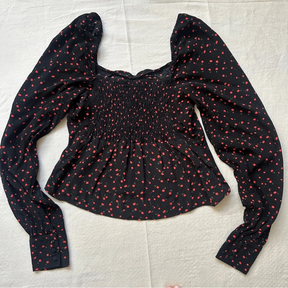 Julia Sweetheart Cherry Print Long Sleeve Top Blouse - Image 7
