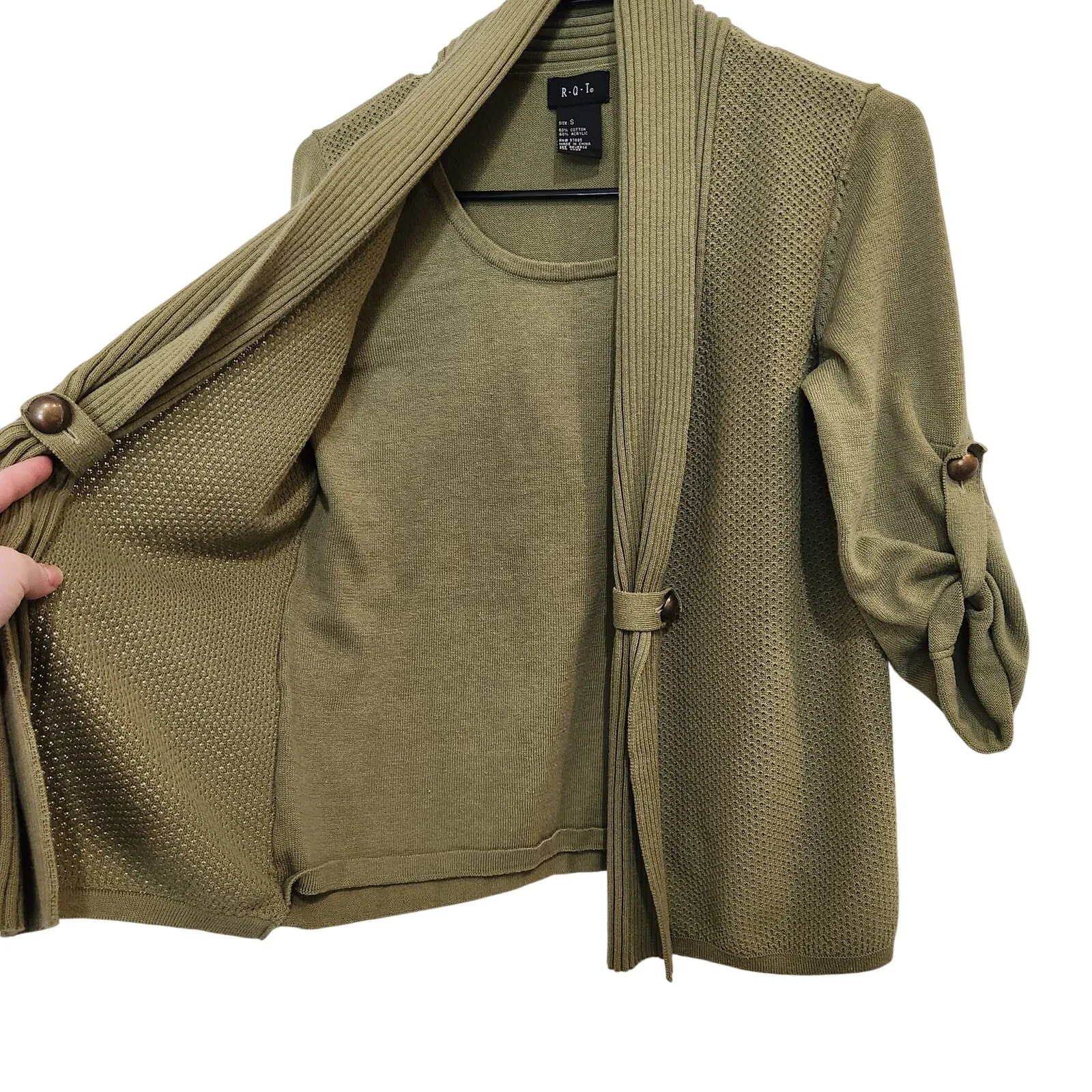 R.Q.T Green Rib Knit Roll Tab Sleeves Open Front Cardigan w/ Inner Top Small - Image 6