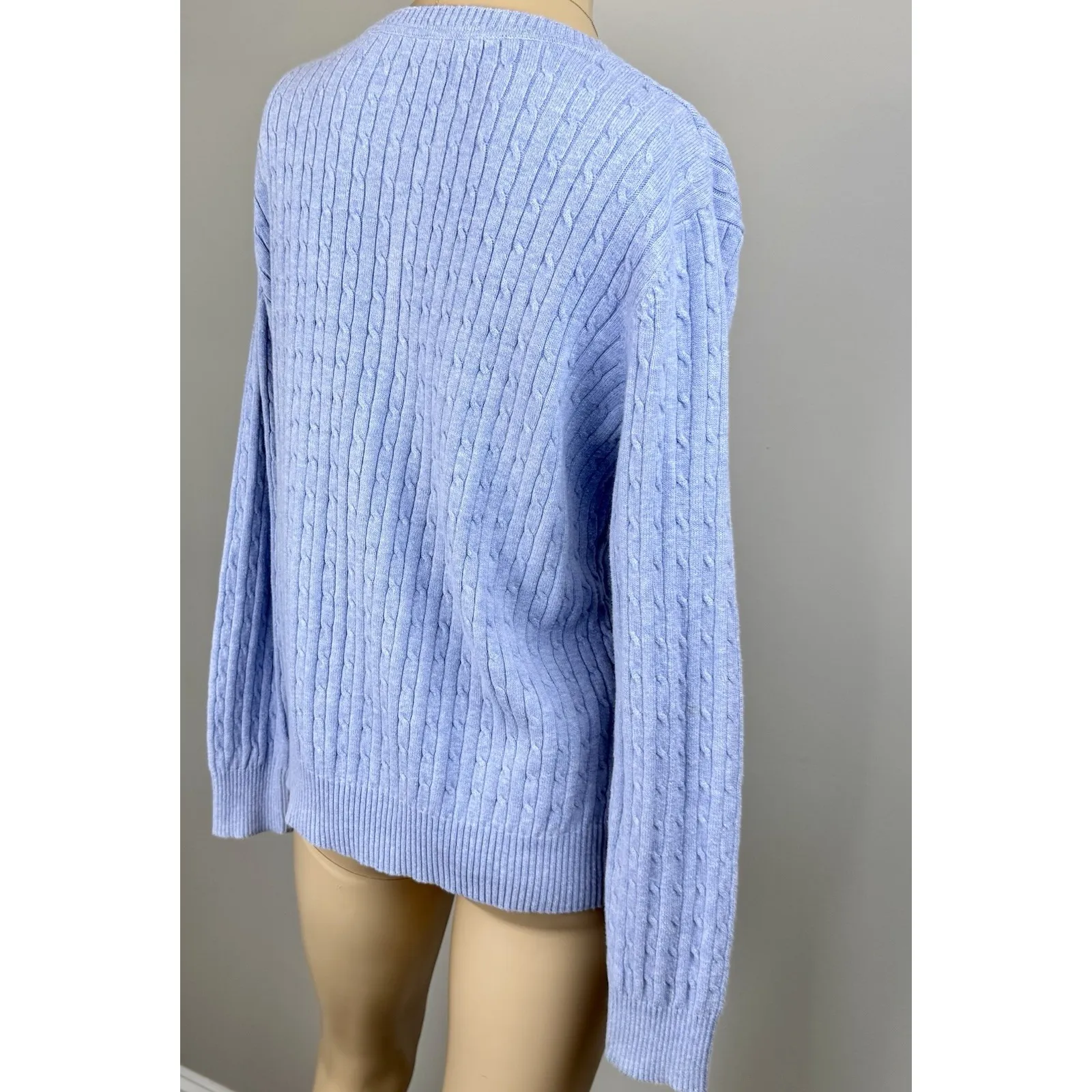 KIM ROGERS Sz M Blue 100% Cotton Pullover V-Neck Sweater Top Cable-Knit - Image 5