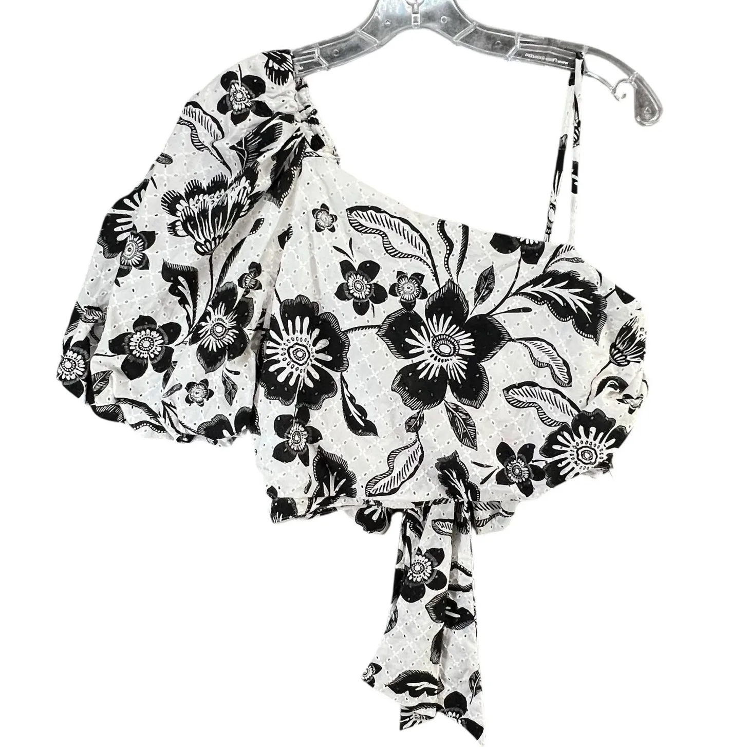 Anthropologie Maeve One Shoulder Blouse Women 8 Black Floral Eyelet Cropped Boho - Image 2