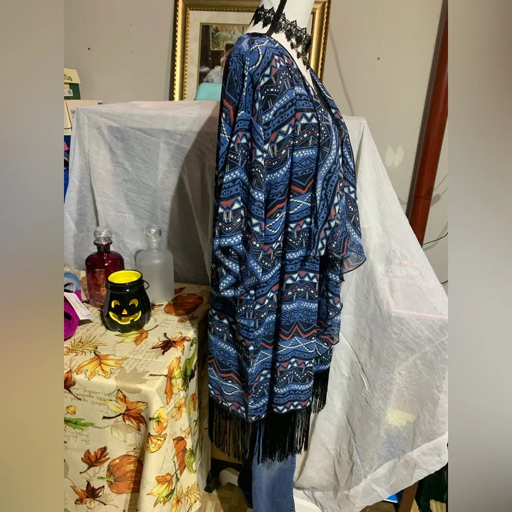 Lularoe Monroe Kimono Blue Red White Black Fringe - Image 6