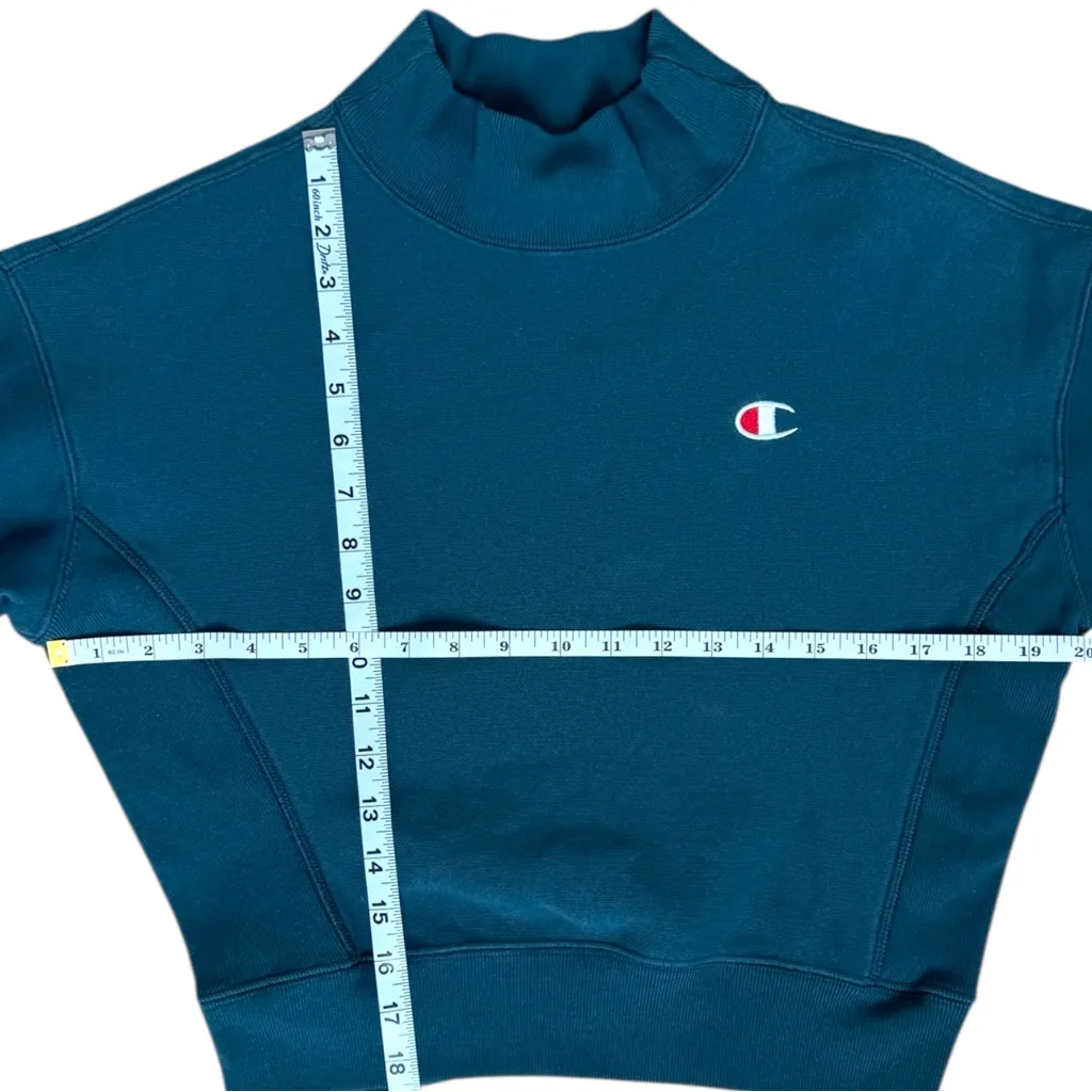 Champion Sweatshirt Reverse Weave Mockneck Cropped Teal Small Retro Streetwear - Image 7