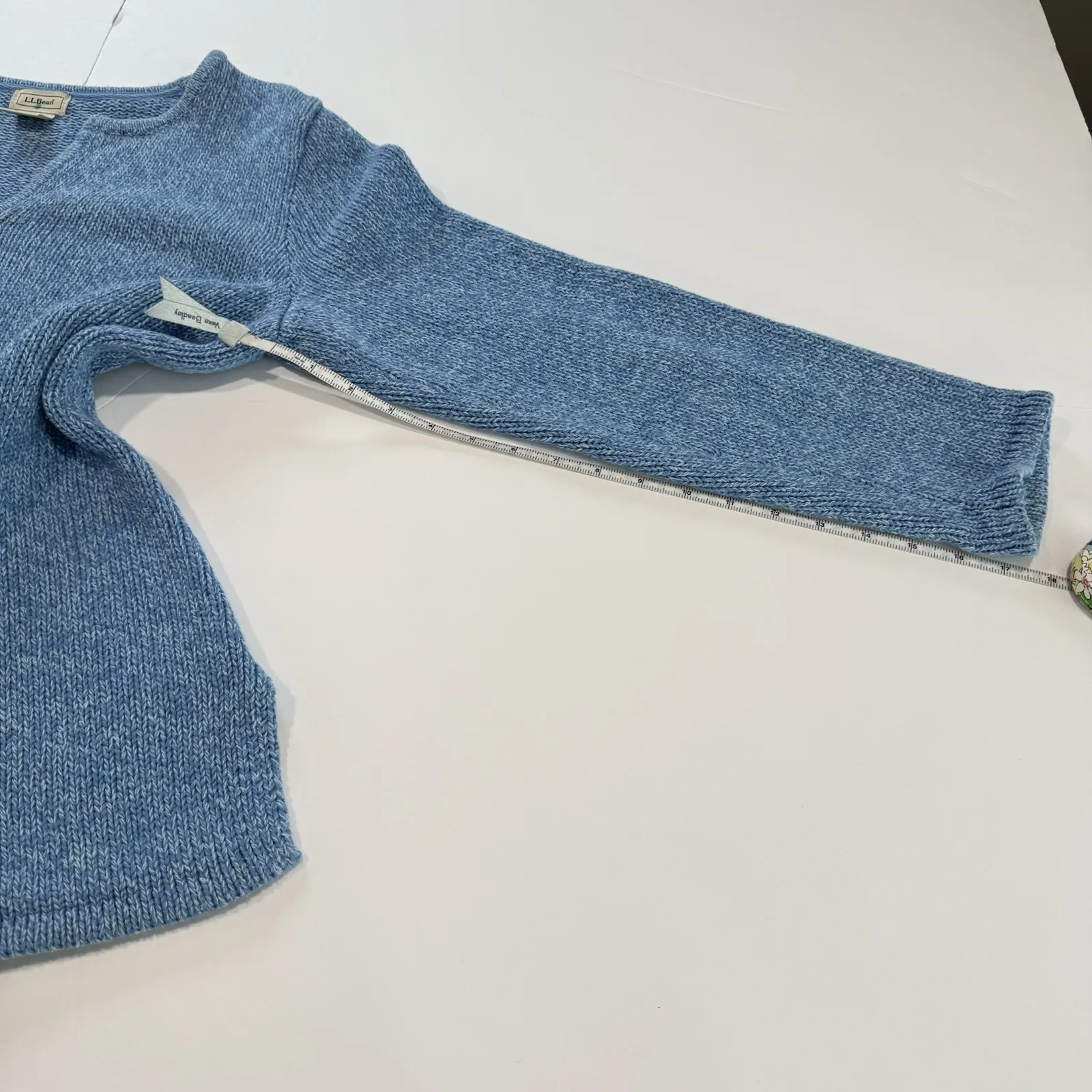 Vintage LL Bean Blue Marled Chunky Cotton‎ Notch Neck Pullover Sweater MEDIUM - Image 8