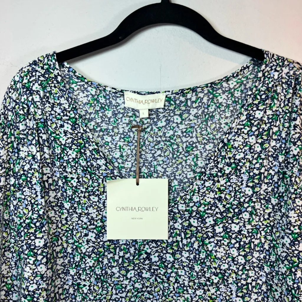 Cynthia Rowley Women's Boho Blouse Blue Green Ditsy Floral Tie Sleeve  NEW Large - Image 2