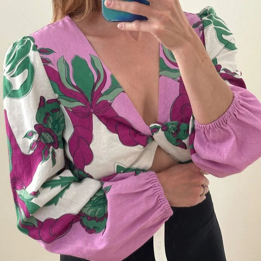 NWT Caroline Constas Tropical Purple/Green Long Sleeve Deep - Image 4