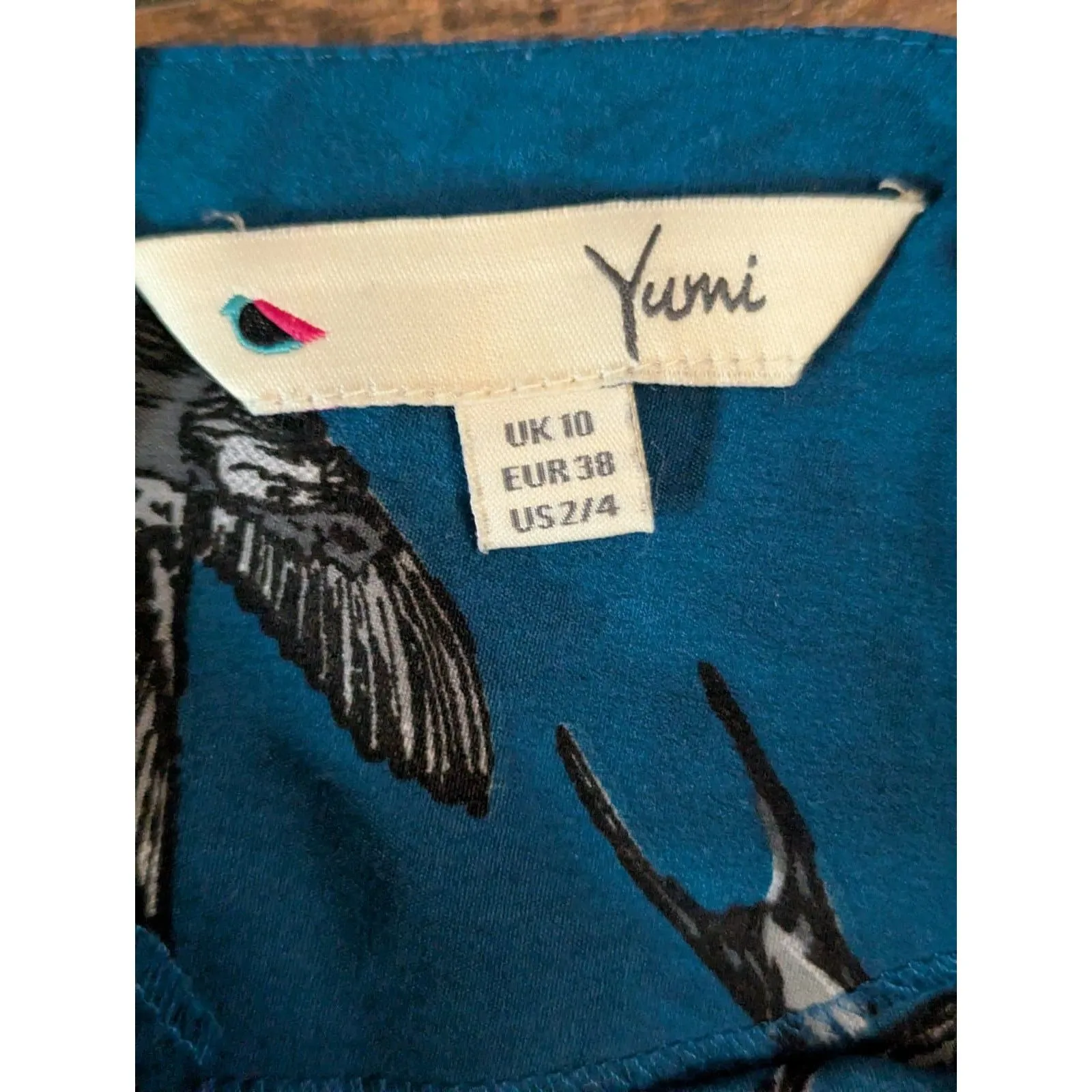YUMI Swallow Bird Print Ruched Midi Dress Teal Blue Size US 2/4 - Image 5