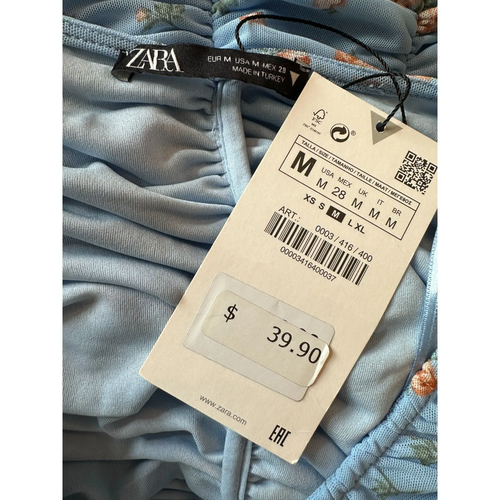 ZARA Blue Floral Rose Print Ruched Tulle Crop Top Ruffle Sleeve V-Neck Sz M NWT - Image 4