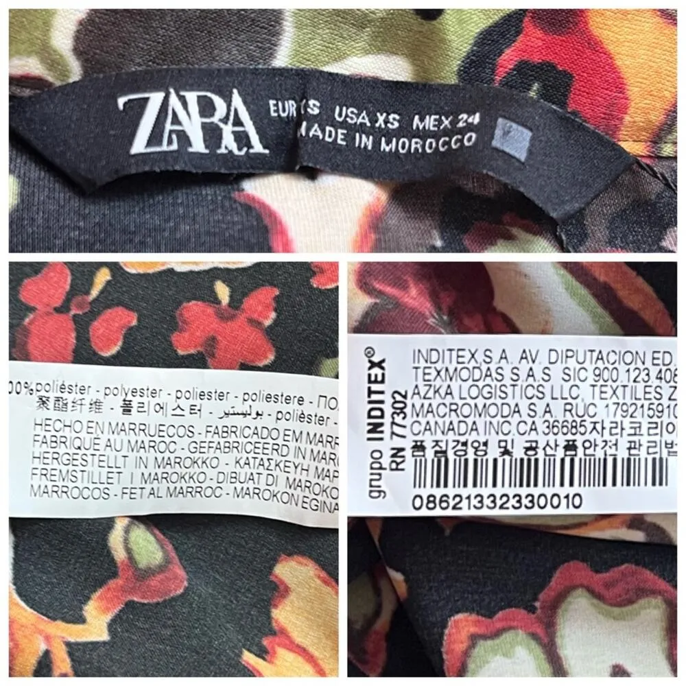 Zara Midi Dress V Neck Button Top Pockets Tie Waist Black Floral Satin Size XS - Image 10