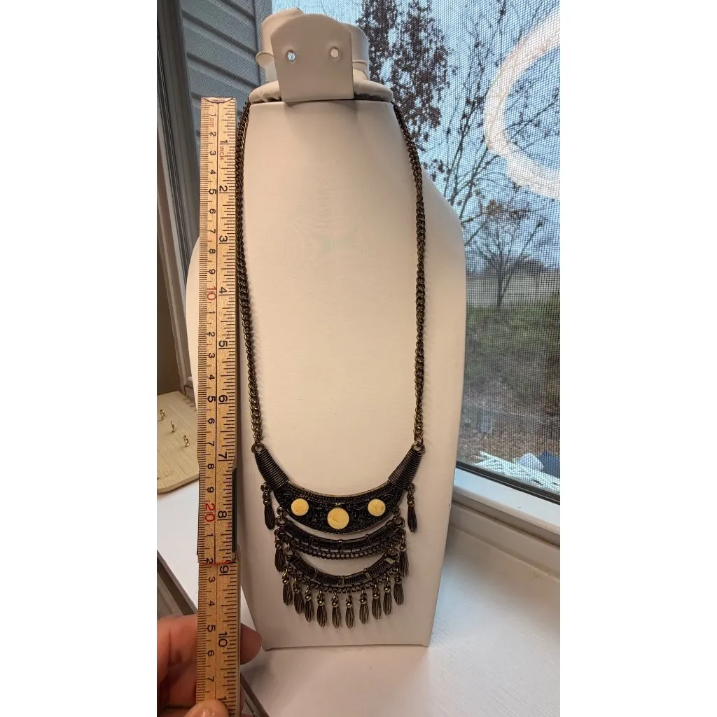 Boho Statement Necklace With Yellow Accent Stones & Bronze Finish - Image 3