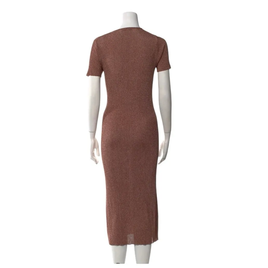 Tibi crew neck midi brown short sleeved ribbed knit sweater dress medium - Image 3