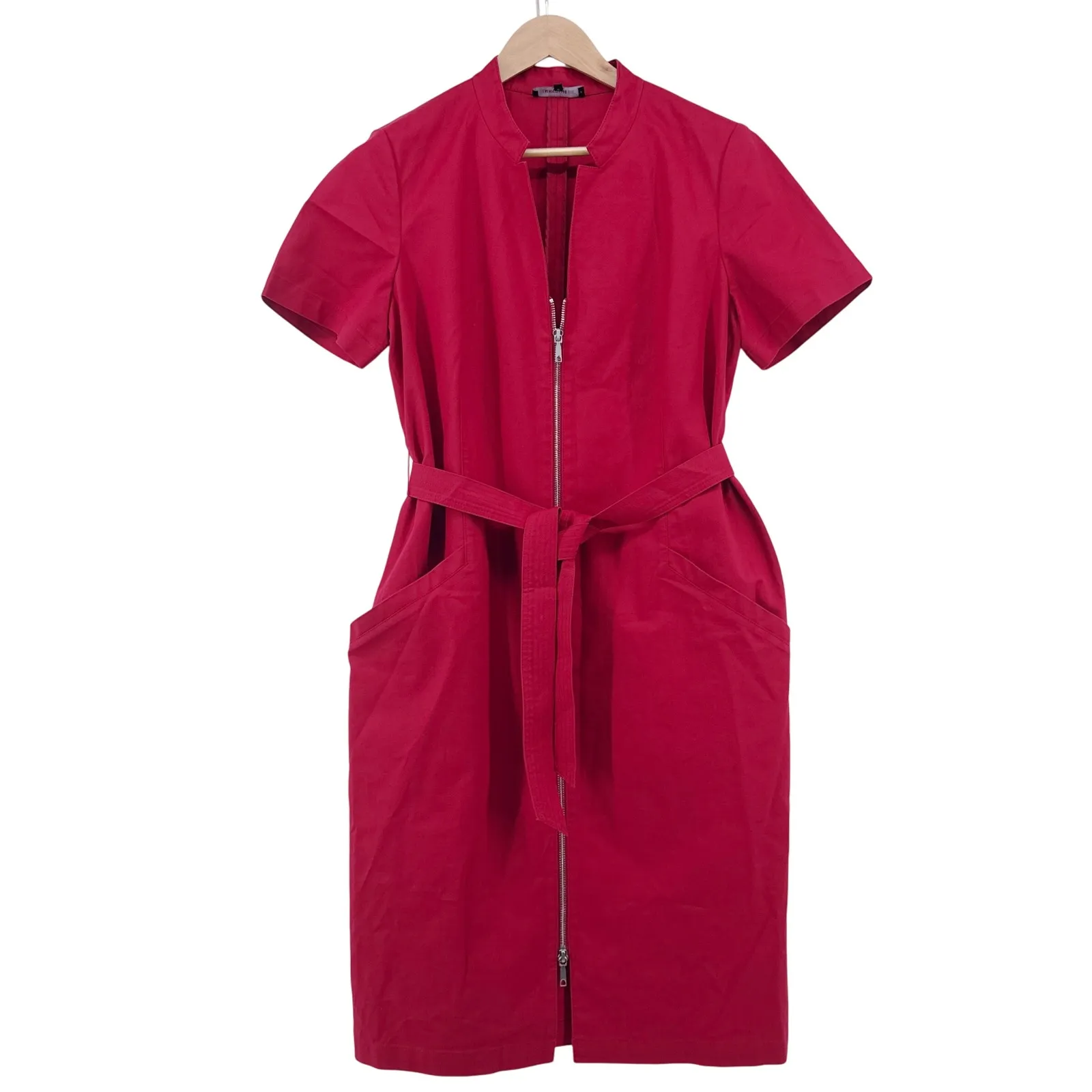 Lafayette 148 New York Red Belted Midi Shirtdress Pockets Front Full Zip Size 16 - Image 2