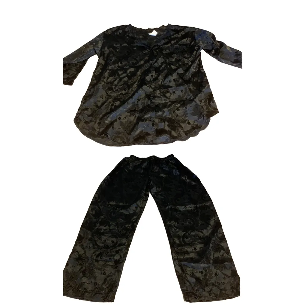 VINTAGE 1990'S ADONNA BLACK SATIN & LACE FLORAL PAJAMA SET (M) - Image 12