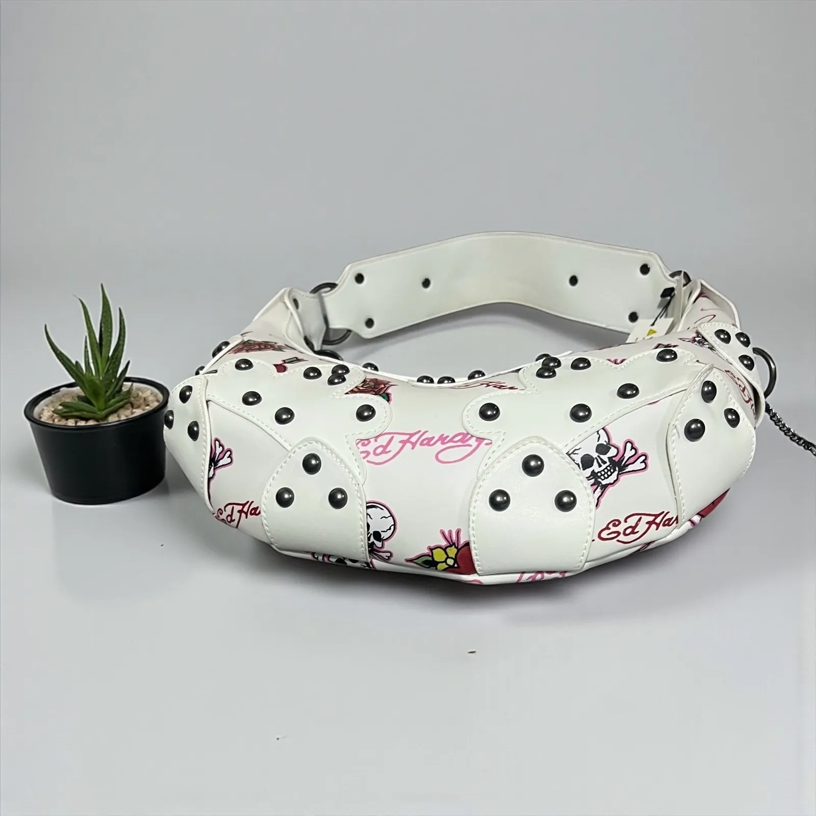 Ed Hardy White Skull Rose Tattoo Print Hobo Shoulder Bag Studded Punk Rock - Image 6