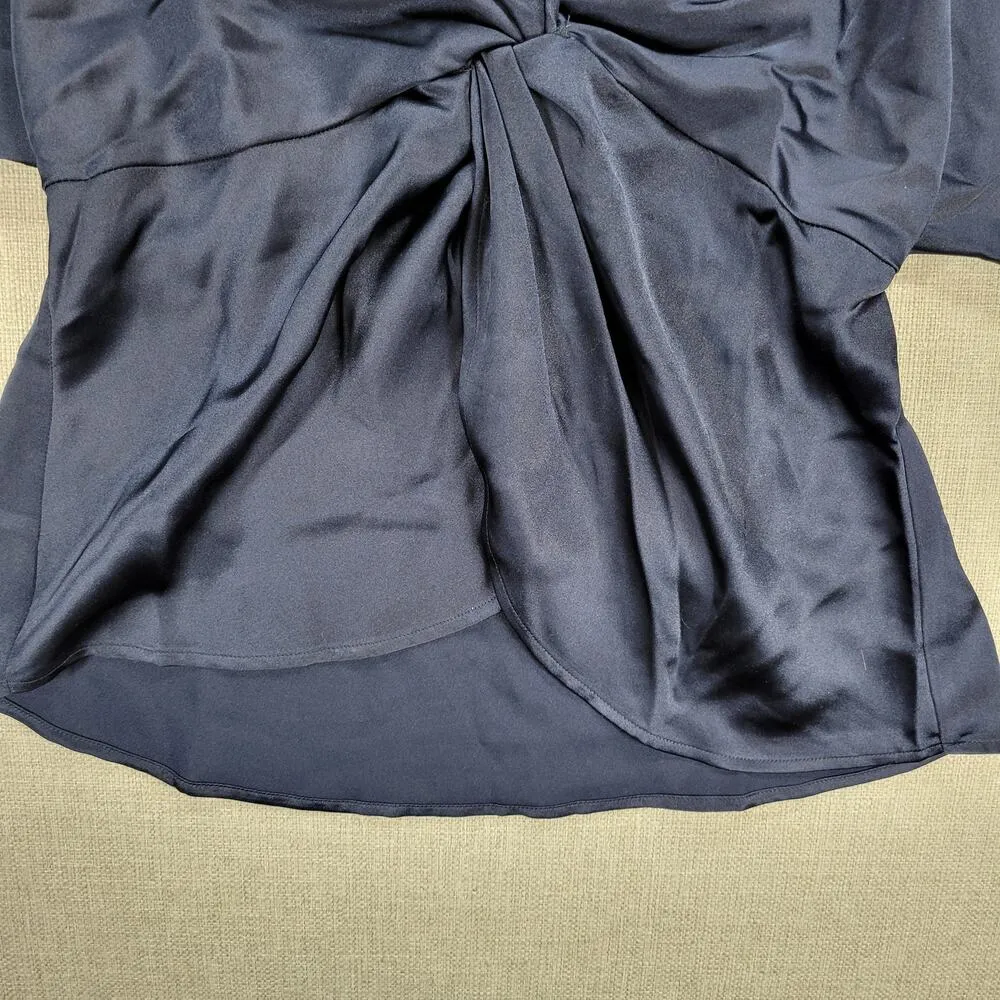 Pleione Womens Blouse S Navy Blue Satin Front Twist V-Neck Kimono 3/4 Sleeve - Image 4