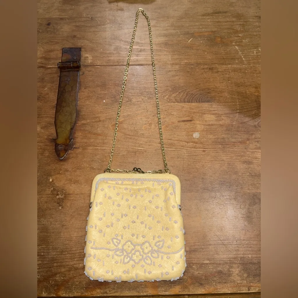Vintage Yellow Beaded Evening Purse w/Gold Chain Embroidered Floral Detail Gold - Image 2