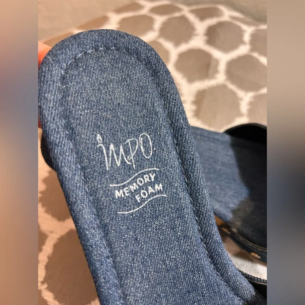 Impo Denim Blue Buckle Sandals memory foam wooden platform Y2K denim gold buckle - Image 10