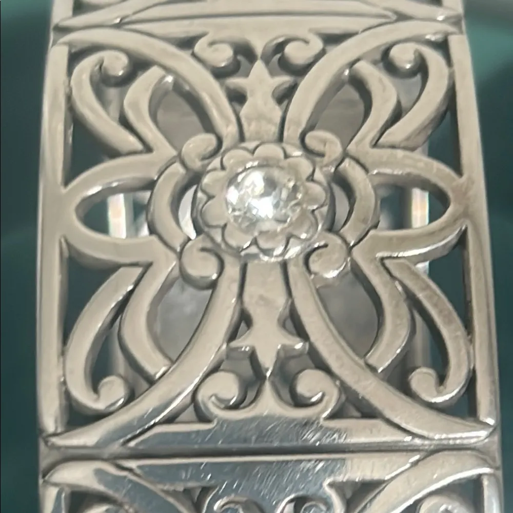Brighton Belmonte Silver Crystal Accent Filigree Wide Cuff Hinge Bangle Bracelet - Image 3