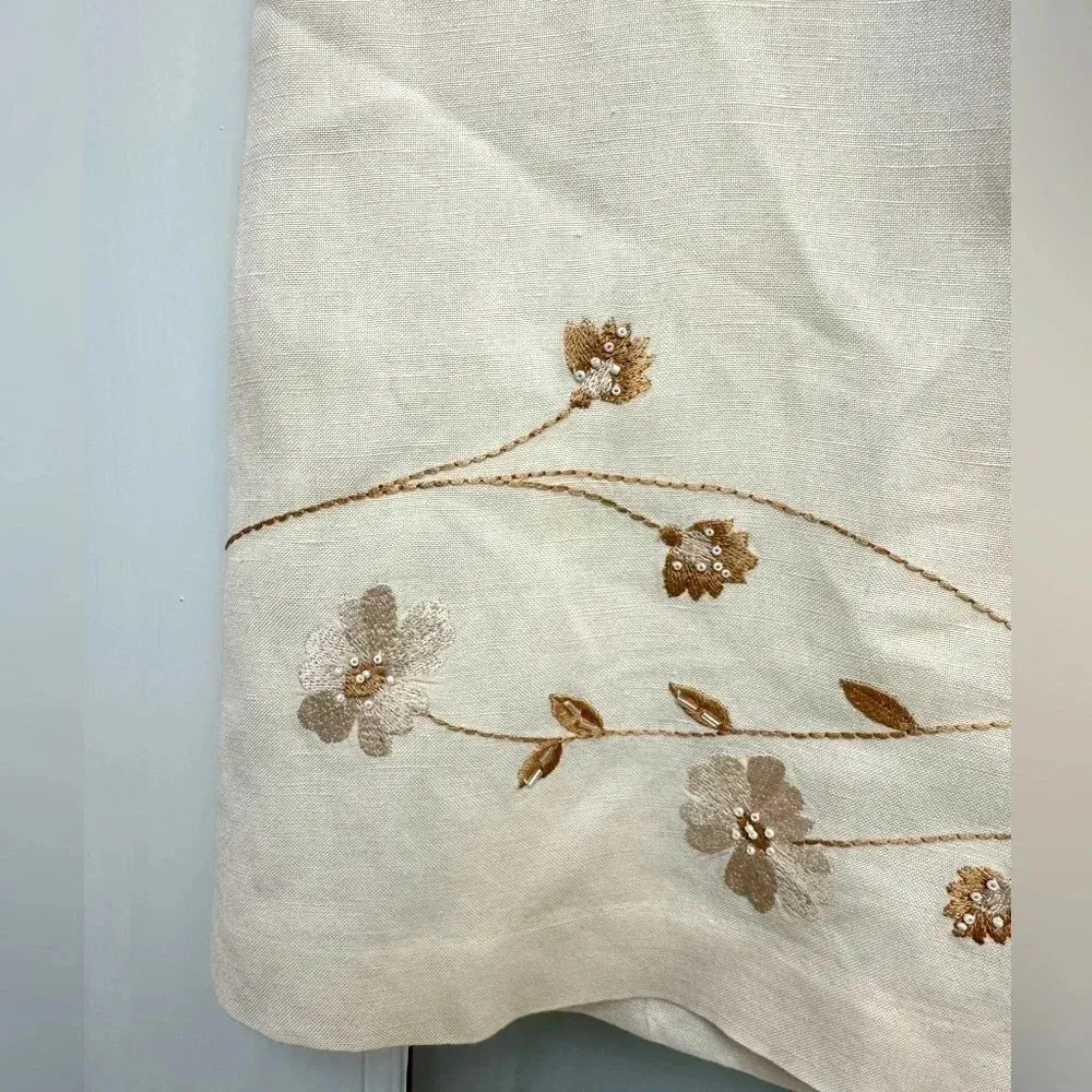 Vintage Annie Alexander Cream Linen Blend Pencil Skirt Floral Embroidery Size 10 Brown - Image 7
