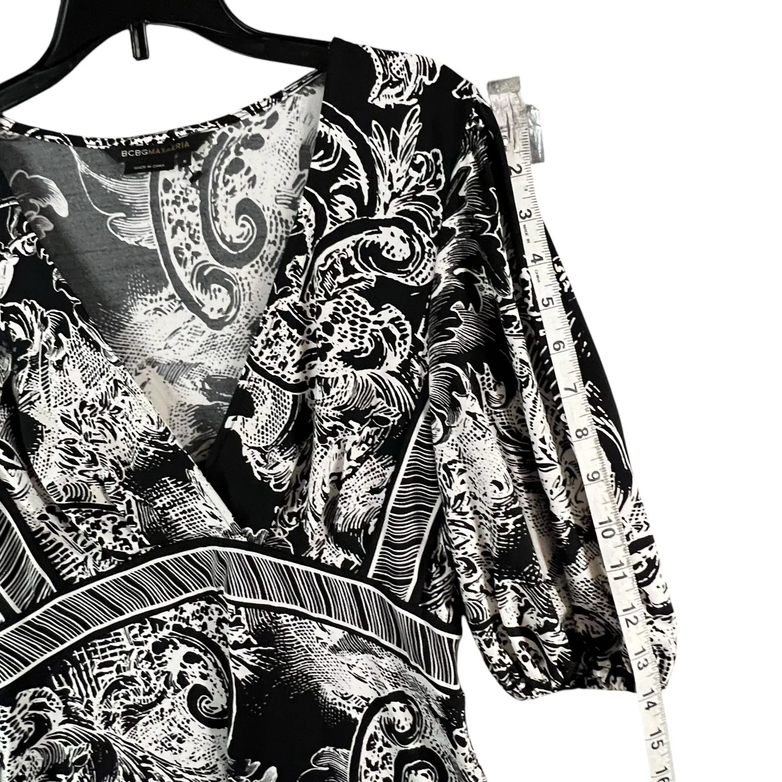 Bcbgmaxazria Top Womens S Black White Floral Paisley Empire Romantic Boho Blouse - Image 11