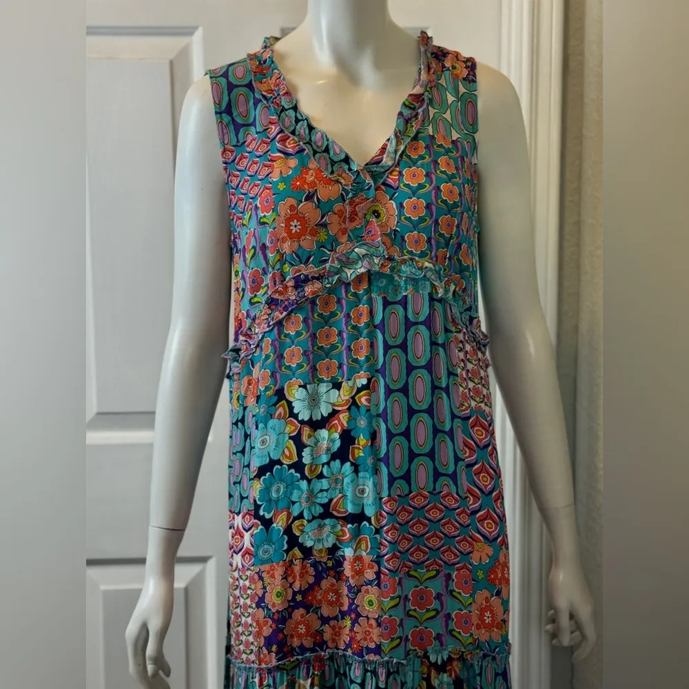 TINTA 100% Viscose Made in Spain Colorful Floral Patchwork Maxi Dress F32 Blue Size M - Image 10