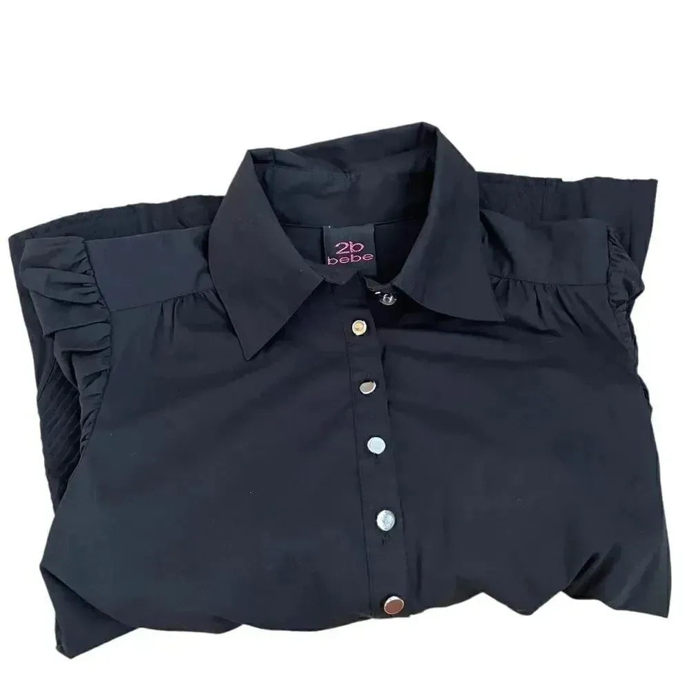 Bebe Black Puff Sleeves Silver Button Down Shirt SZ M Black Size M - Image 5