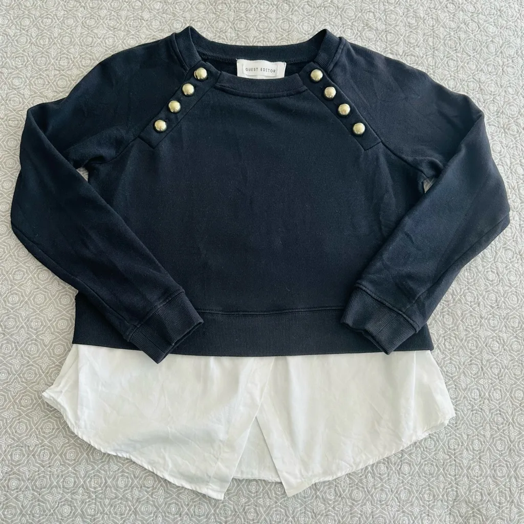 Guest Editor Anthropologie Black Sweatshirt White Shirt Hem Gold Buttons Size XS - Image 6
