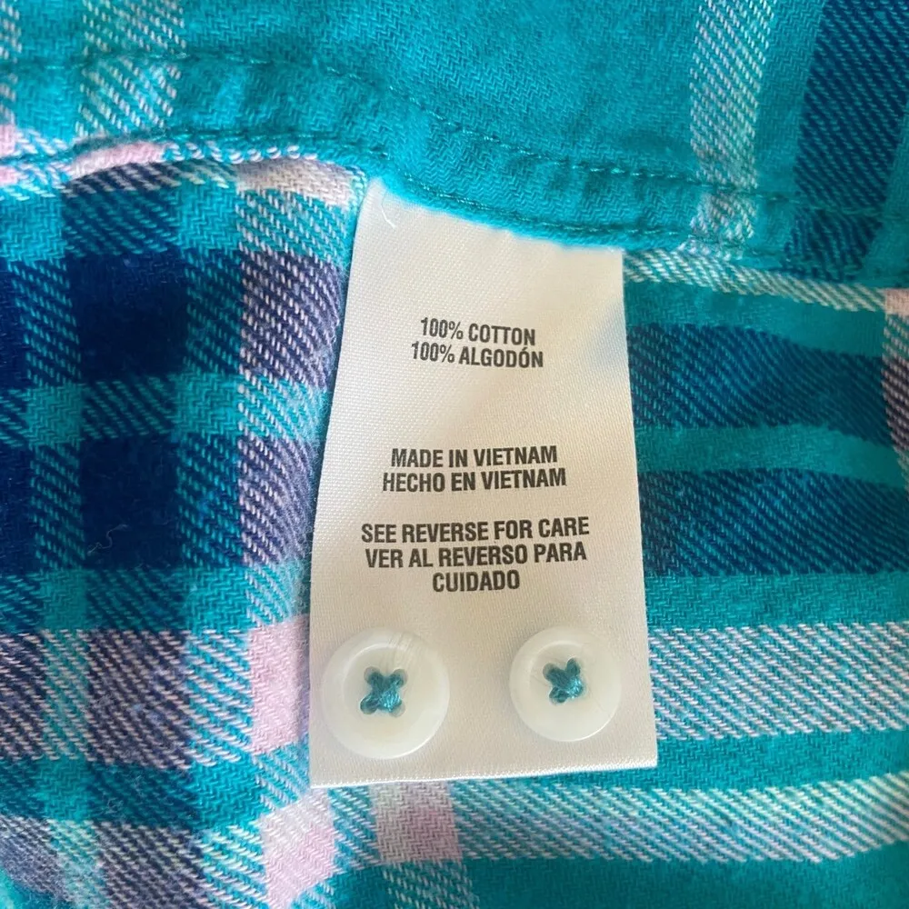 Woolrich Turquoise Blue & Pink Plaid Button Up Long Sleeve Tee Sz XL - Image 8