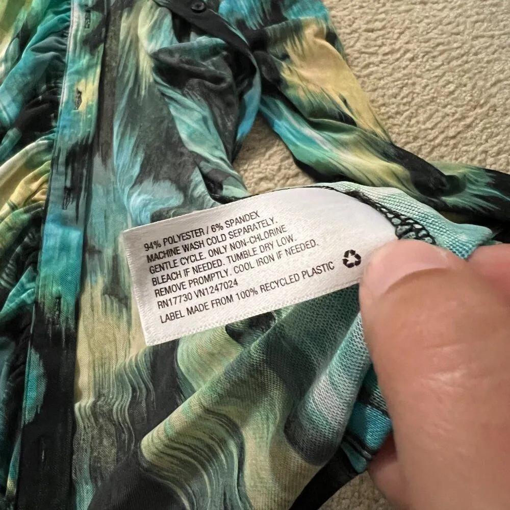 WOMENS LONG SLEEVE TOP BUTTON UP RUCHED TIE DYE SEMI SHEER FUTURE COLLECTIVE M Blue Size M - Image 9