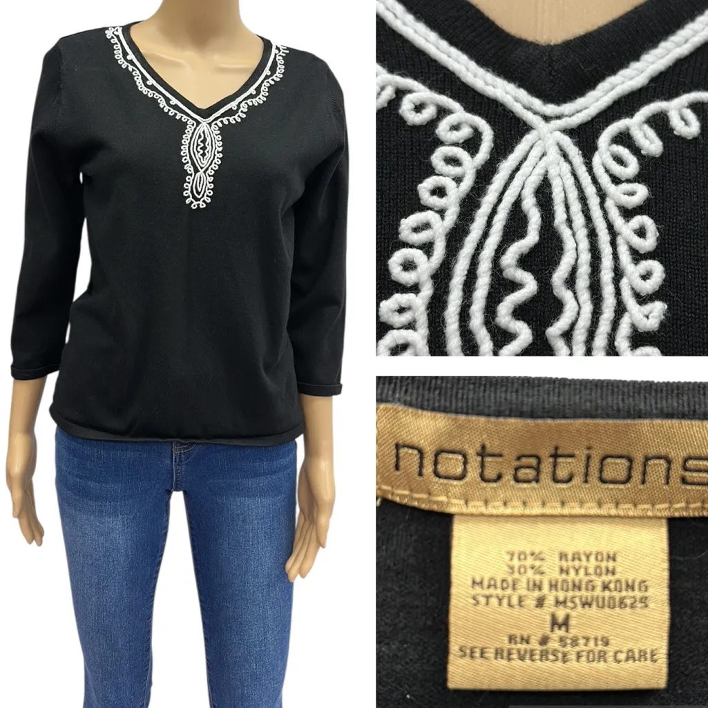 Notations Black White Embroidered V Neck 3 Quarter Sleeve Knit Top Womens Medium - Image 2