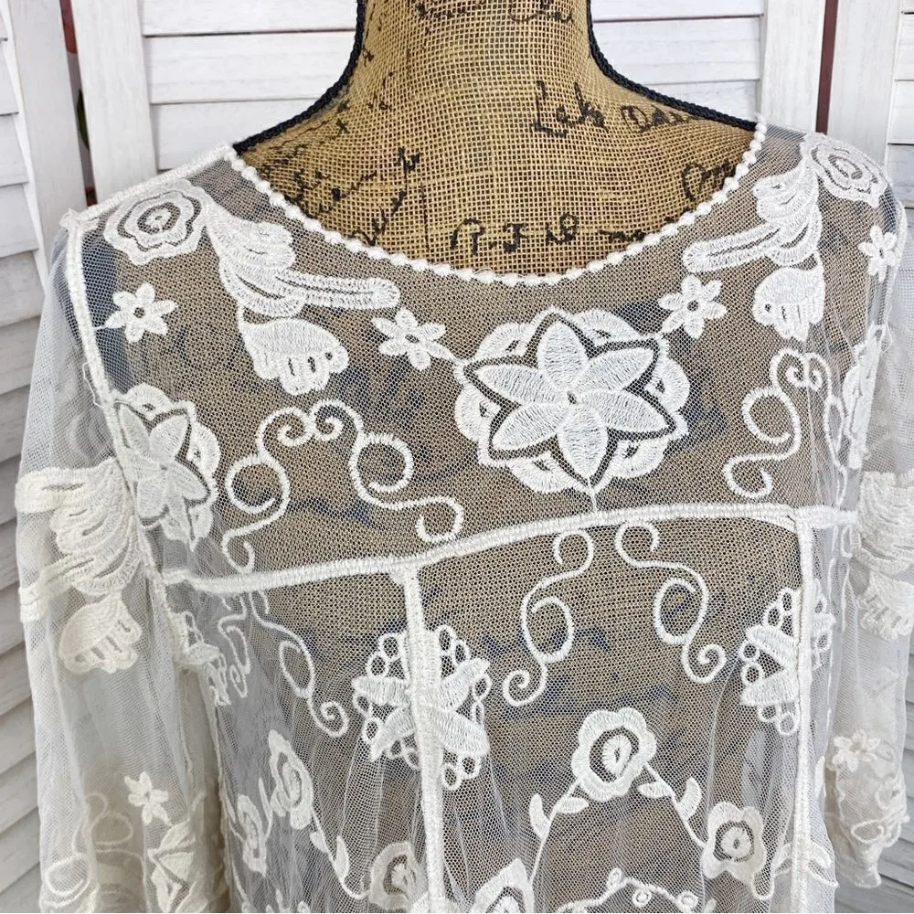 En Crème Boho Sheer Embroidery Lace Pullover Blouse Cream Medium - Image 4