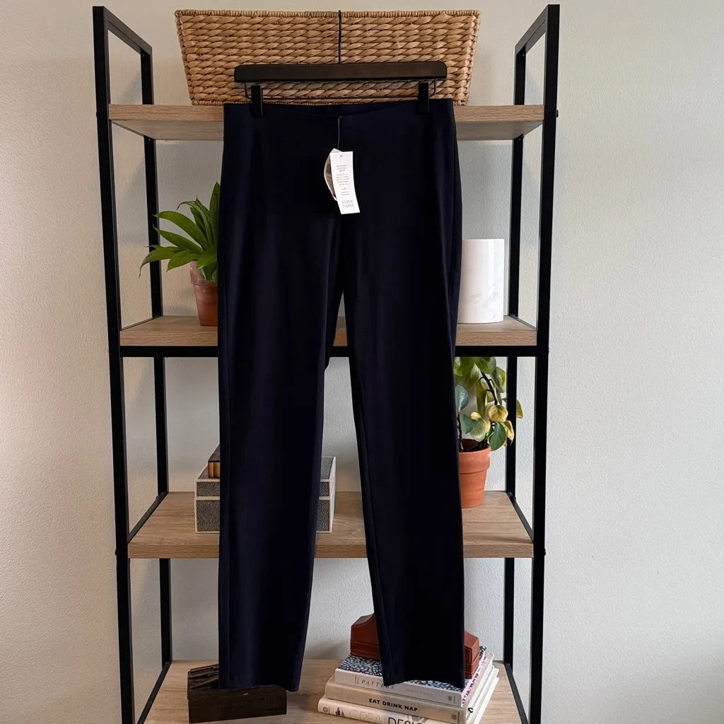 NWT Eileen Fisher Washable Stretch Crepe Mid-Rise Navy Knit Pull On Slim Pant, S - Image 2