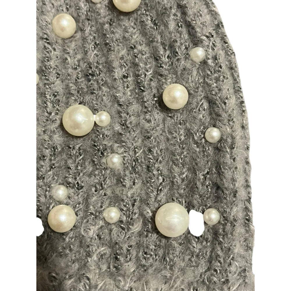 Jessica Simpson Beanie Hat Womens OS Gray Ribbed Knit Pearl Embellished NEW - Image 2