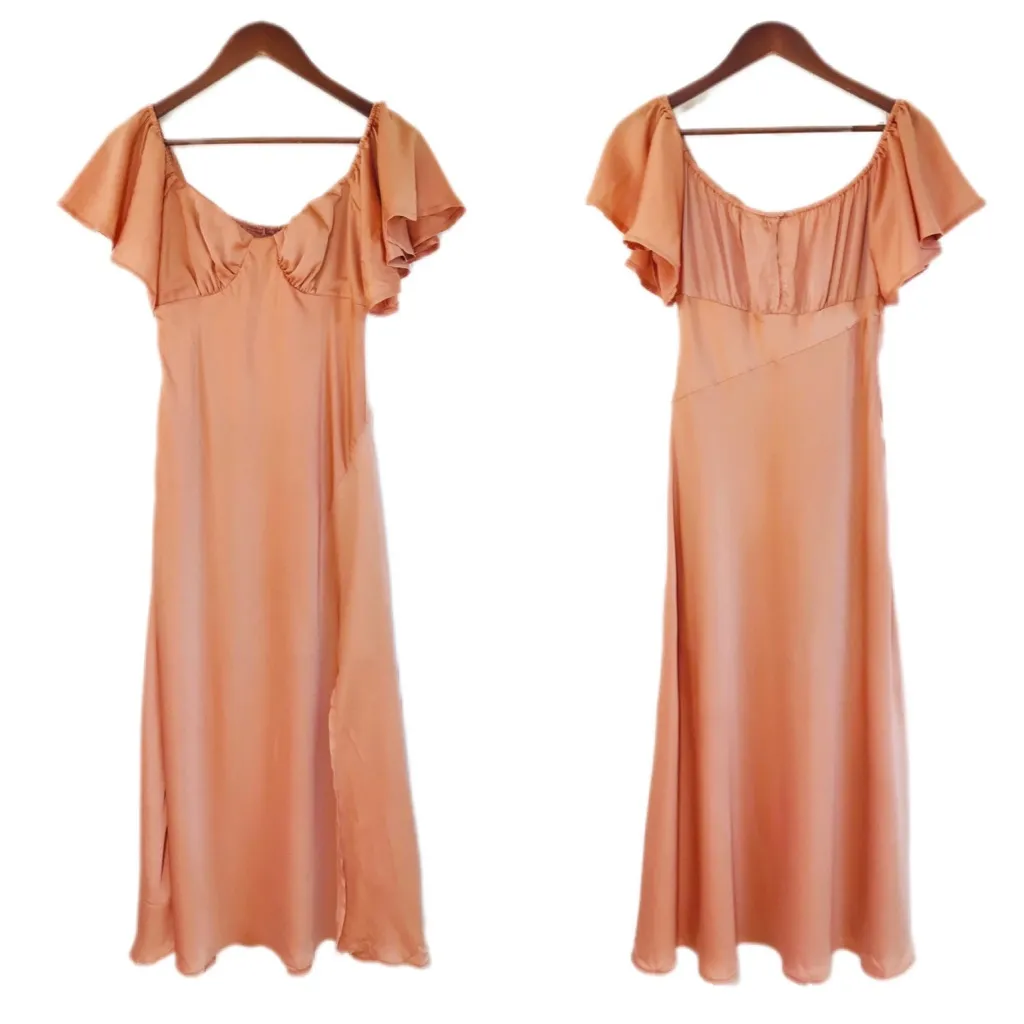 SELFIE LESLIE Park‎ Avenue Flutter Sleeve Midi Dress Thigh Slit Apricot Medium - Image 2