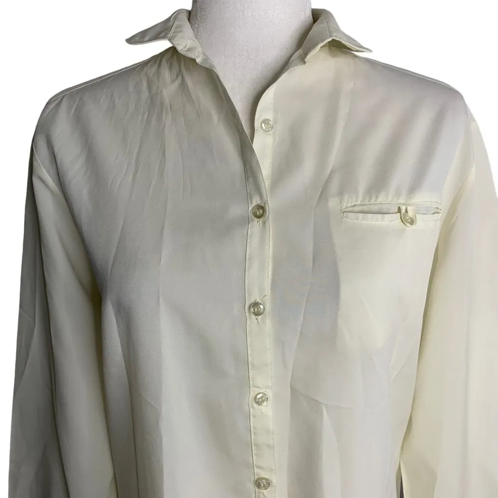 Vintage Button Up Long Sleeves Shirt M Cream Silky Chest Pocket Collared Size M - Image 2