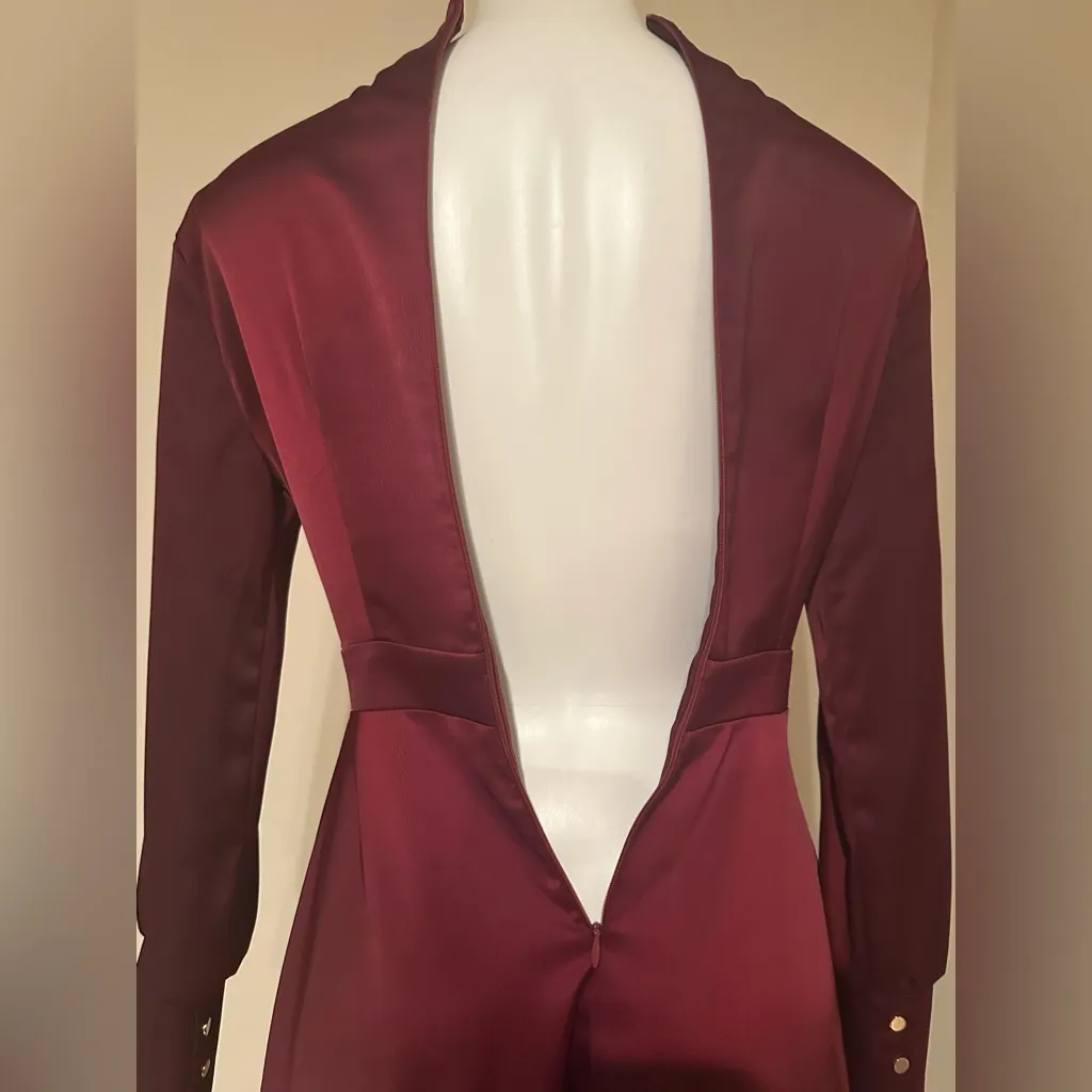 Chicwish Deep Satin Burgundy Long Sleeve 3 Gold Long Button Dress Sleeves  Sz XS - Image 9