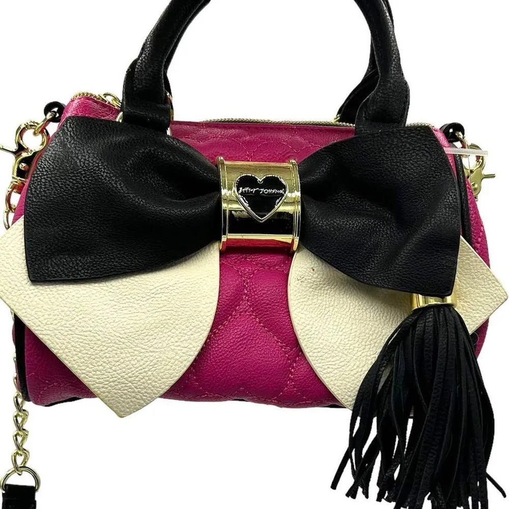 BETSEY JOHNSON PINK CREAM BLACK BOW HAND SHOULDER CROSSBODY BAG - Image 6