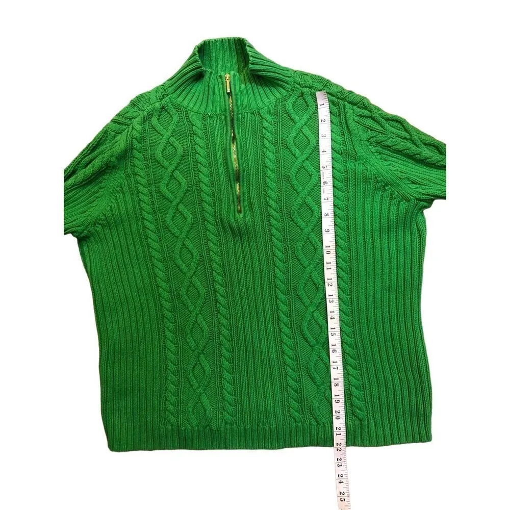 Chaps vintage green cable knit 3/4 gold zip cotton mock turtleneck sweater size - Image 3