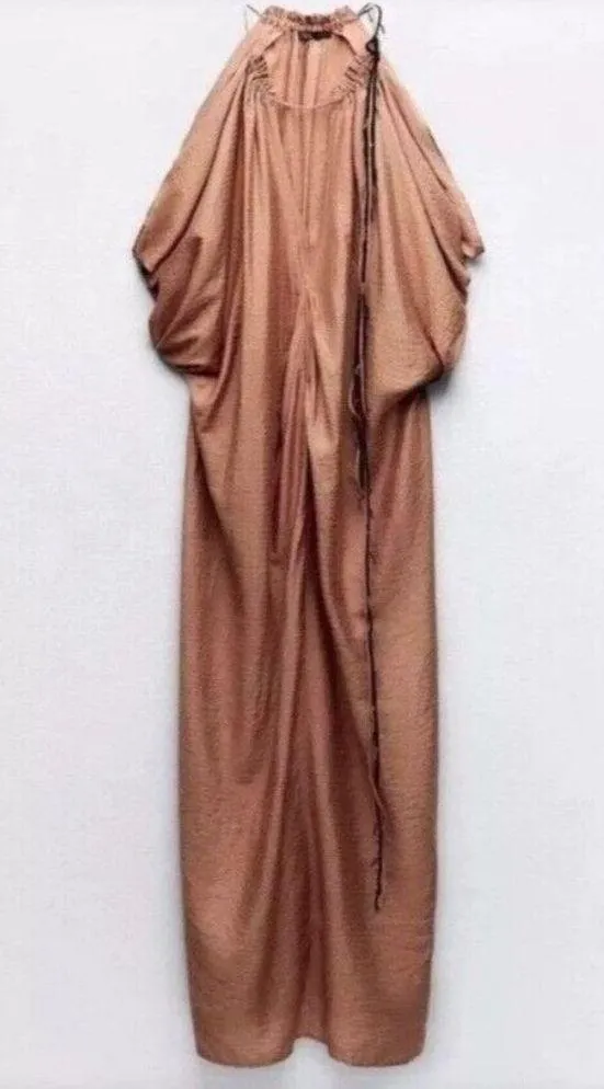 Zara Tan Halter Maxi Dress With Drawstring Back Detail Boho - Size XS - Image 4
