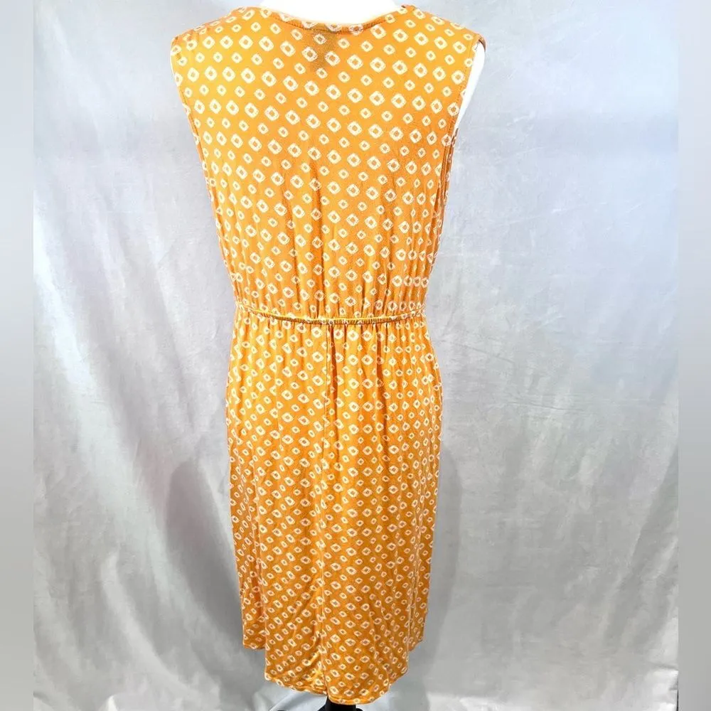 Bright orange and white geometric print faux wrap dress size large - Image 3