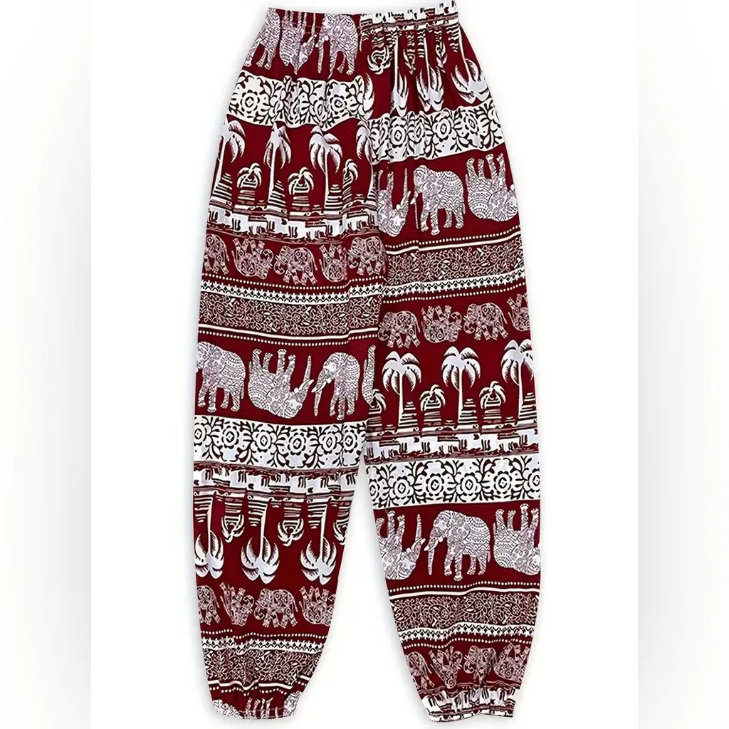NWT Elephant Print Harem Pants Boho Yoga Lounge Festival Size L Maroon Red Size L - Image 6