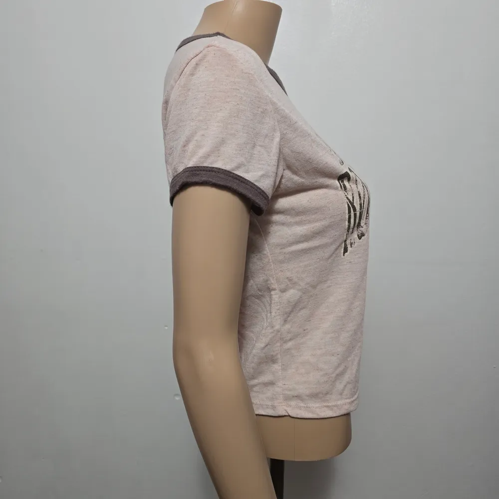 Living Doll Pink Retro Love Peace Rock Festival Cropped Ringer Tee Size Small - Image 4