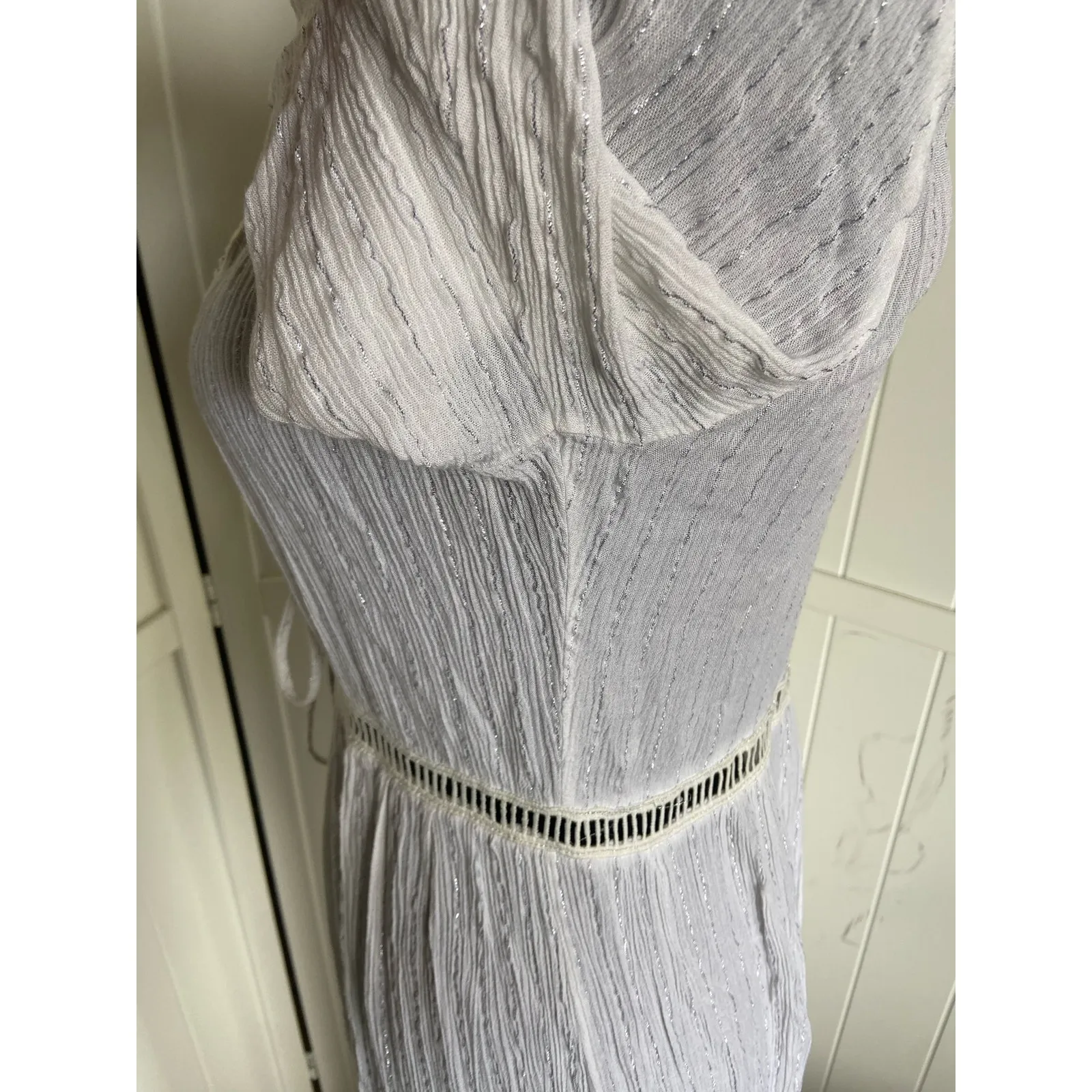 Bear Dance Womens Swim Coverup Sz M White Silver Trim Tie Front Longline Kimono - Image 10