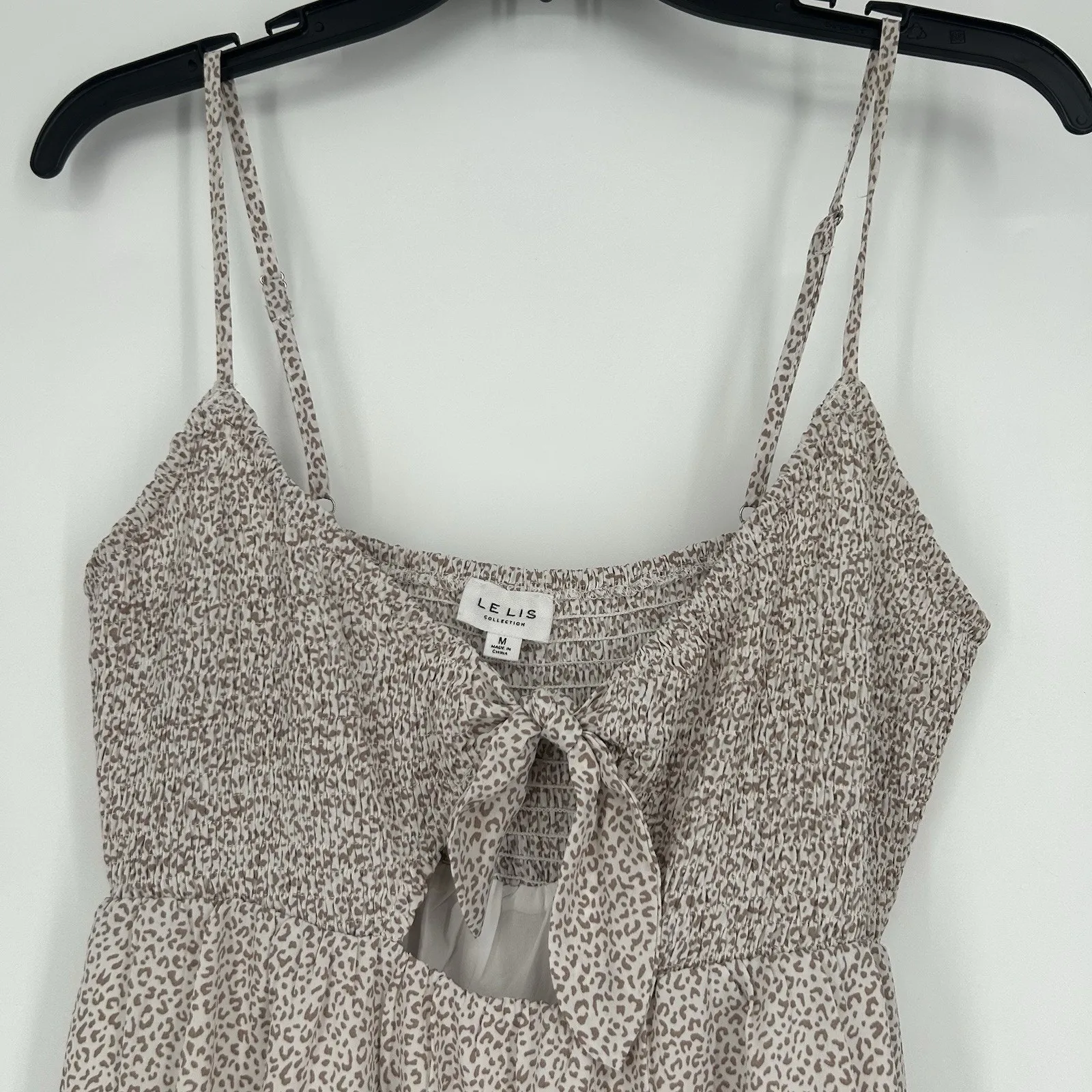 Le Lis Smocked Sundress White Brown Animal Print Tiered Tie Cut Out Size M - Image 3