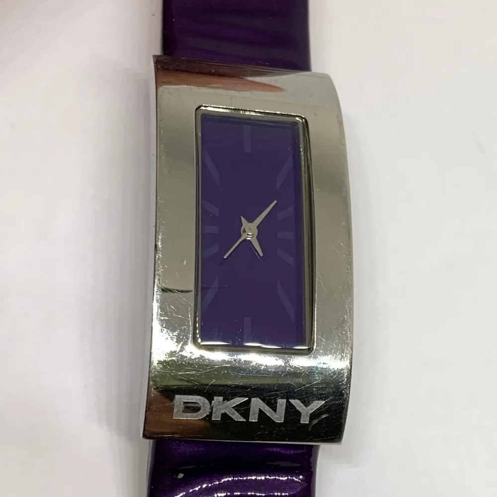Dkny women’s watch solid stainless steel 21mm case purple dial leather band runs - Image 2