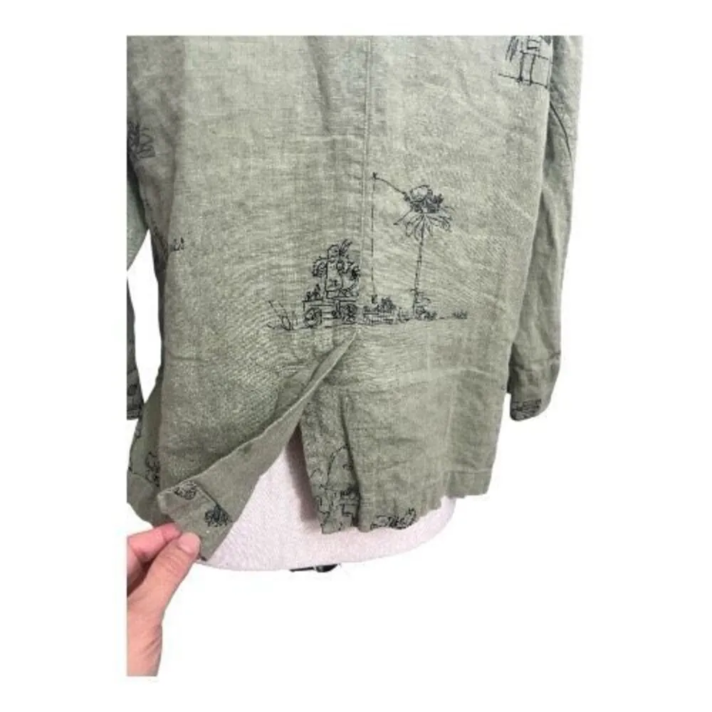 Chico's Sage Green Linen Monkey Print Button-Up Shirt Size 0 (4) Slit 3/4-Sleeve - Image 9