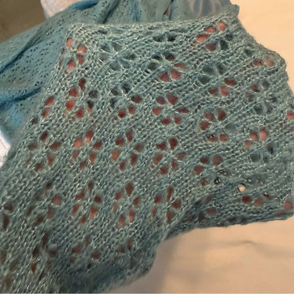 Vintage Y2K V neck Empire Sweater Bell Sleeves Women’s Sz Small Eyelet Pointelle Blue - Image 9