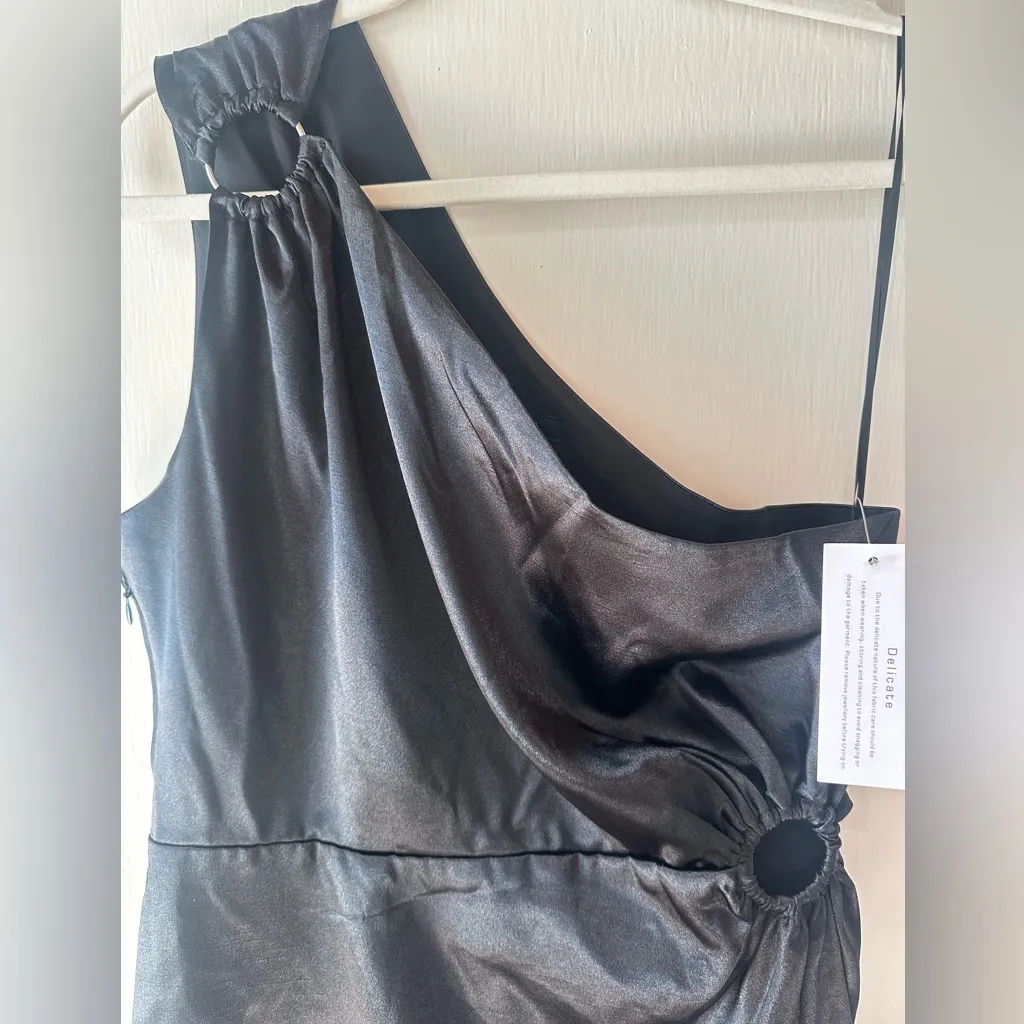 French Connection Adaline One-Shoulder Satin Midi Dress Black Size 8 NWT - Image 9