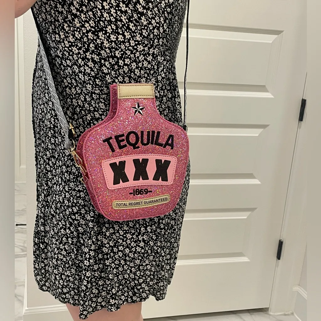 Tequila Bottle Novelty Purse with Adjustable Embroidered Crossbody Strap Pink - Image 4